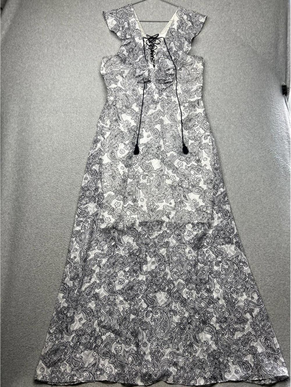 Belle Badgley Mischka Ruffle Blue White Paisley Print Maxi Dress Size 12 Boho
